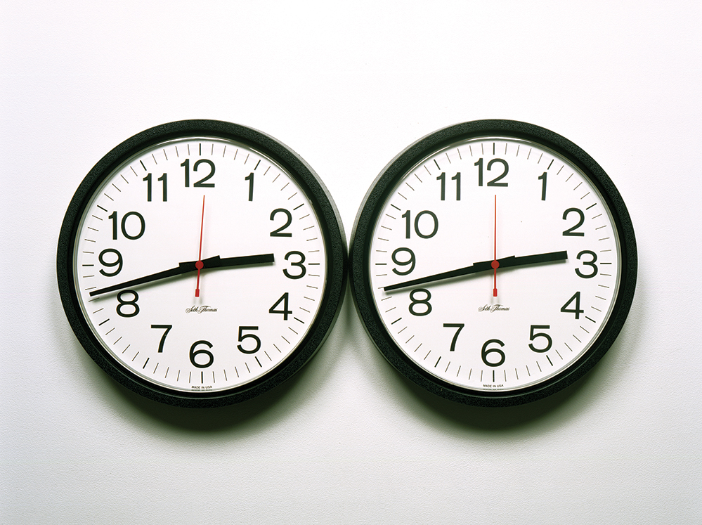 Felix Gonzalez-Torres “Untitled" (Perfect Lovers), 1987-1990 Wall clocks (Courtesy of The Felix Gonzalez-Torres Foundation)